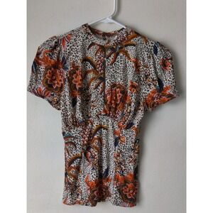 Free People Hear Me Roar Animal Print Floral Boho Leopard Blouse Keyhole Size S